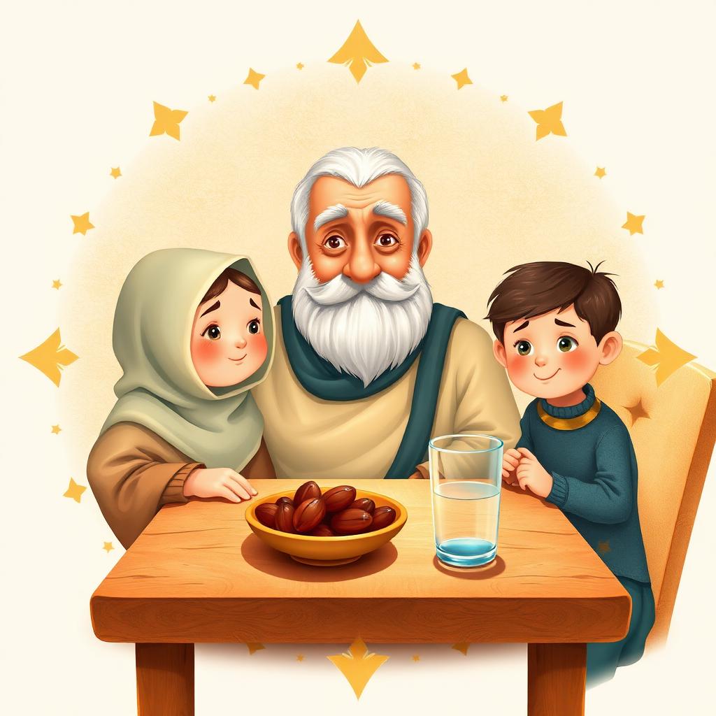 Cover of The Blessing You Cannot See: a small neat grandfather with a silver beard and two grandchildren at a warm table with a bowl of dates and a half-full cup of water, gold eight-pointed stars