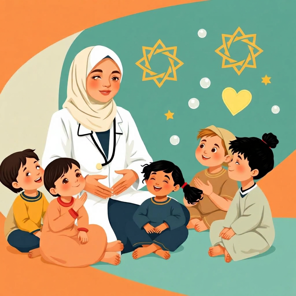 Cover of The Two Kinds of Clean: a kind female Muslim doctor in a white coat and hijab, smiling with sparkling clean hands, surrounded by happy children, soap bubbles and gold eight-pointed stars