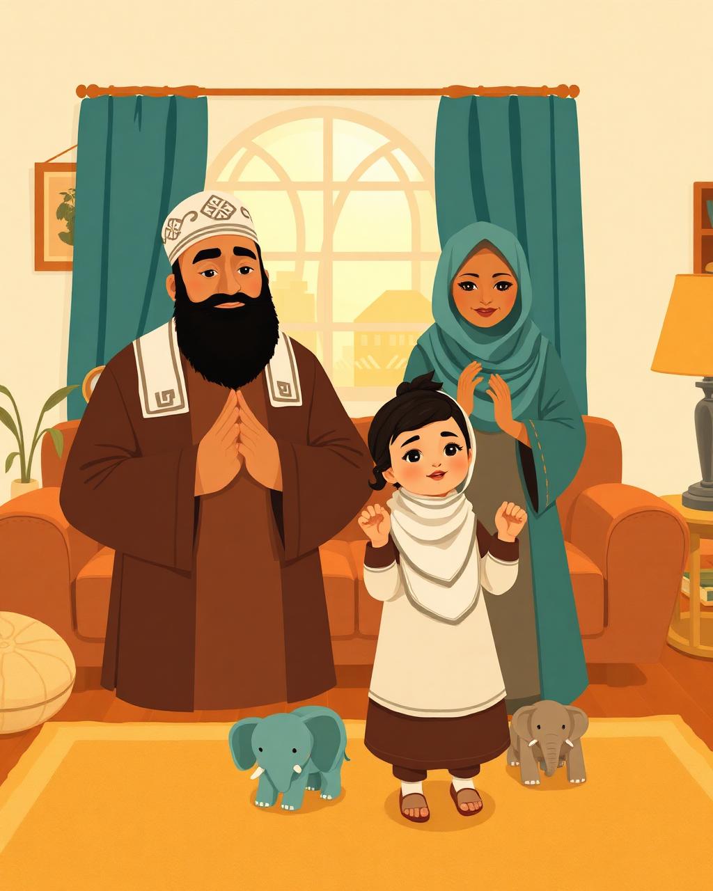 Cover of The Girl Who Was Never Taught: a Uyghur father in a white cap and a Syrian-Filipina mother in a teal hijab praying in a warm living room, with a tiny toddler in a pale headscarf standing beside her mother, hands raised beside her ears, a plastic elephant on the carpet