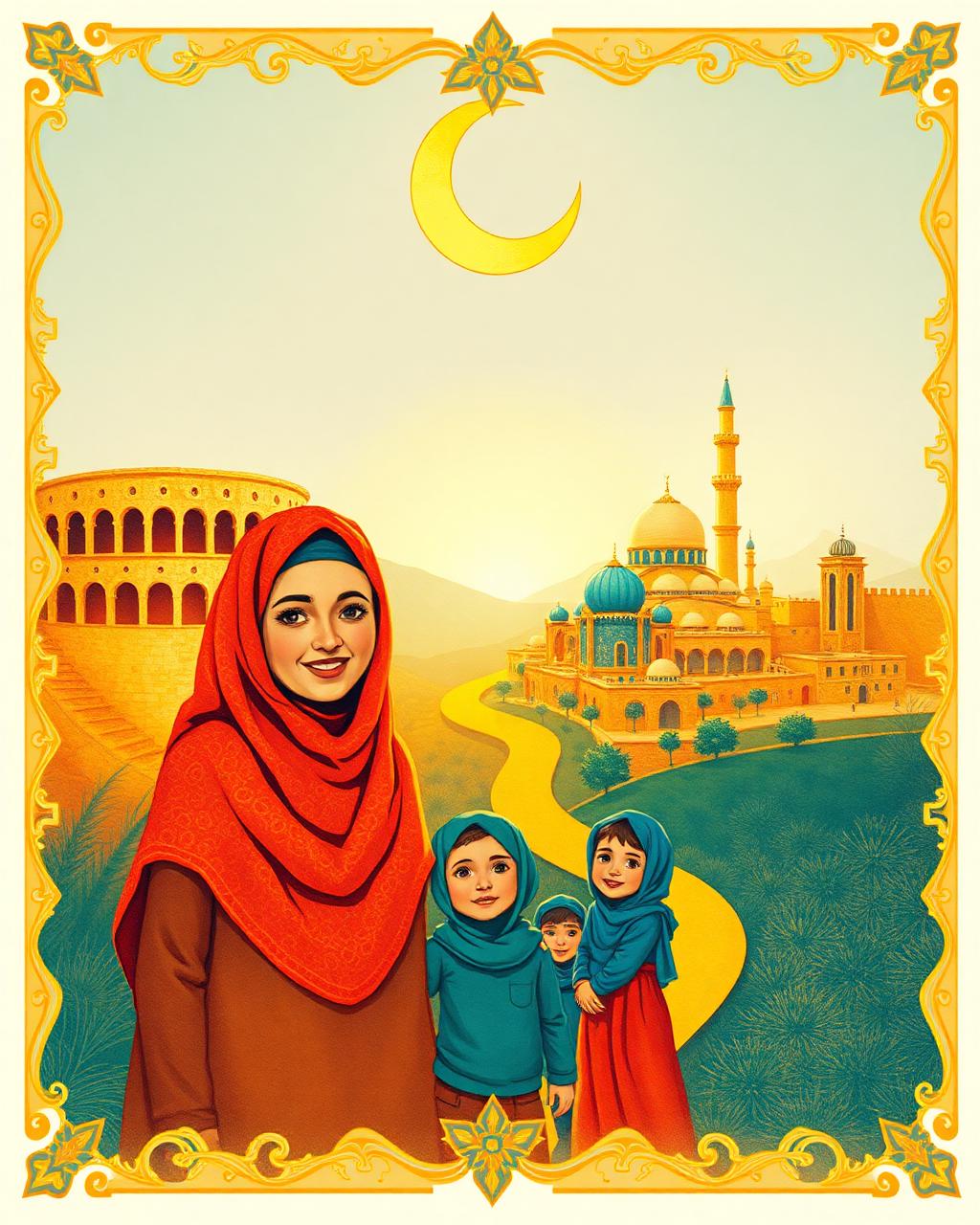 Cover of The Road That Leads to Jannah: a warm Tunisian aunt in a hijab with happy children before a golden skyline of an ancient amphitheatre, a blue-and-white town and a great mosque, a winding golden road and gold eight-pointed stars