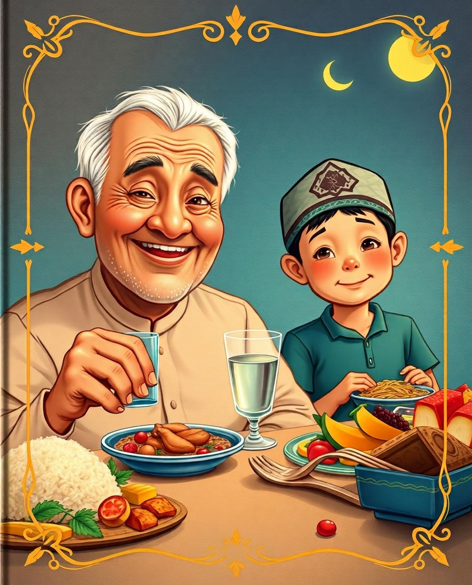 Cover of The Secret of the Small Plate: a smiling white-haired great-grandfather and a little boy at a long Filipino party table, the old man holding a small plate and a glass divided into three, gold eight-pointed stars