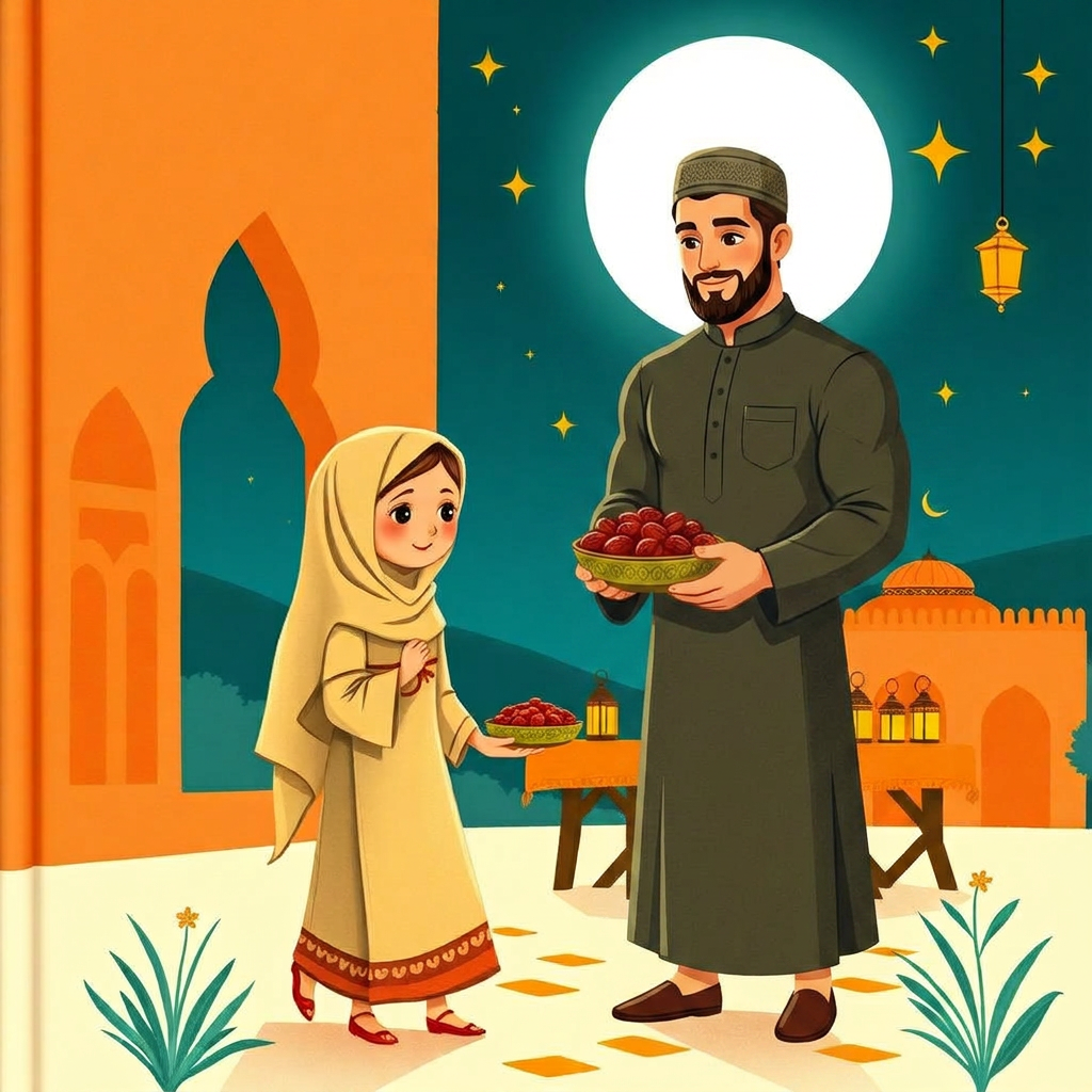 Cover of The White Days: a little girl and her warm-eyed uncle carrying a bowl of dates toward a glowing community table beneath an enormous white full moon, lanterns and eight-pointed gold stars
