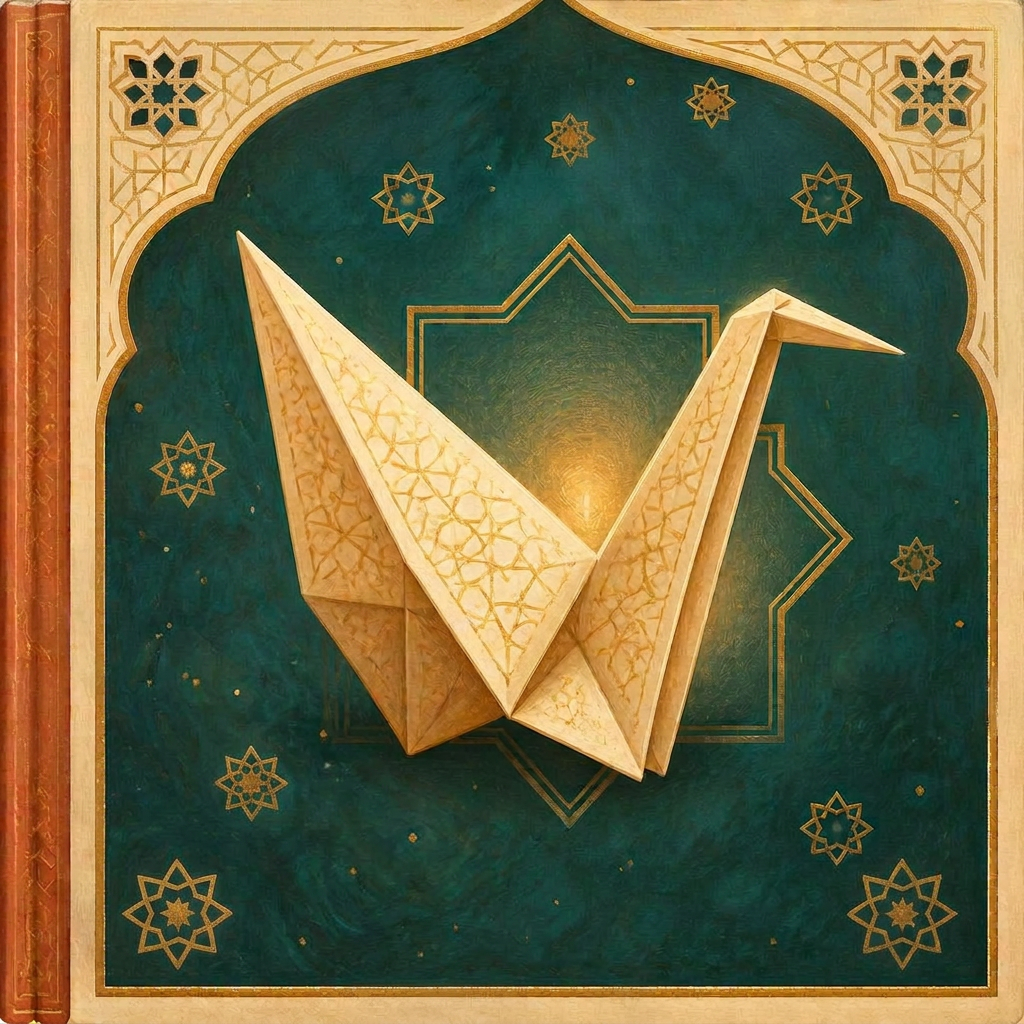 Cover of The Crane That Folded in Half: a large white origami crane folded gently in half beneath cherry blossom and a distant snow-capped Mount Fuji, with gold and terracotta eight-pointed star ornaments
