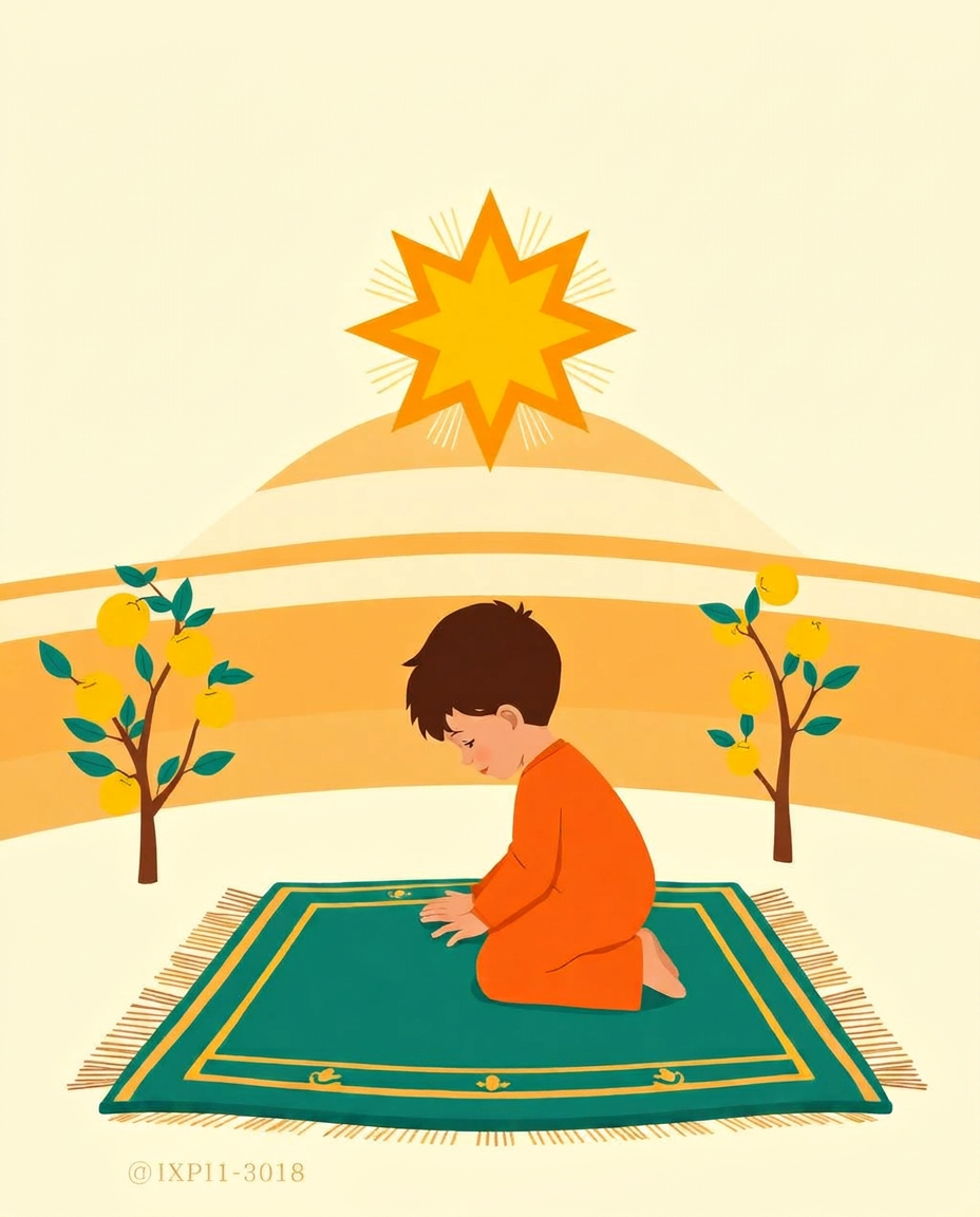 Cover of The Happiest Fall, showing a boy in sajdah on a teal prayer rug beneath a golden star